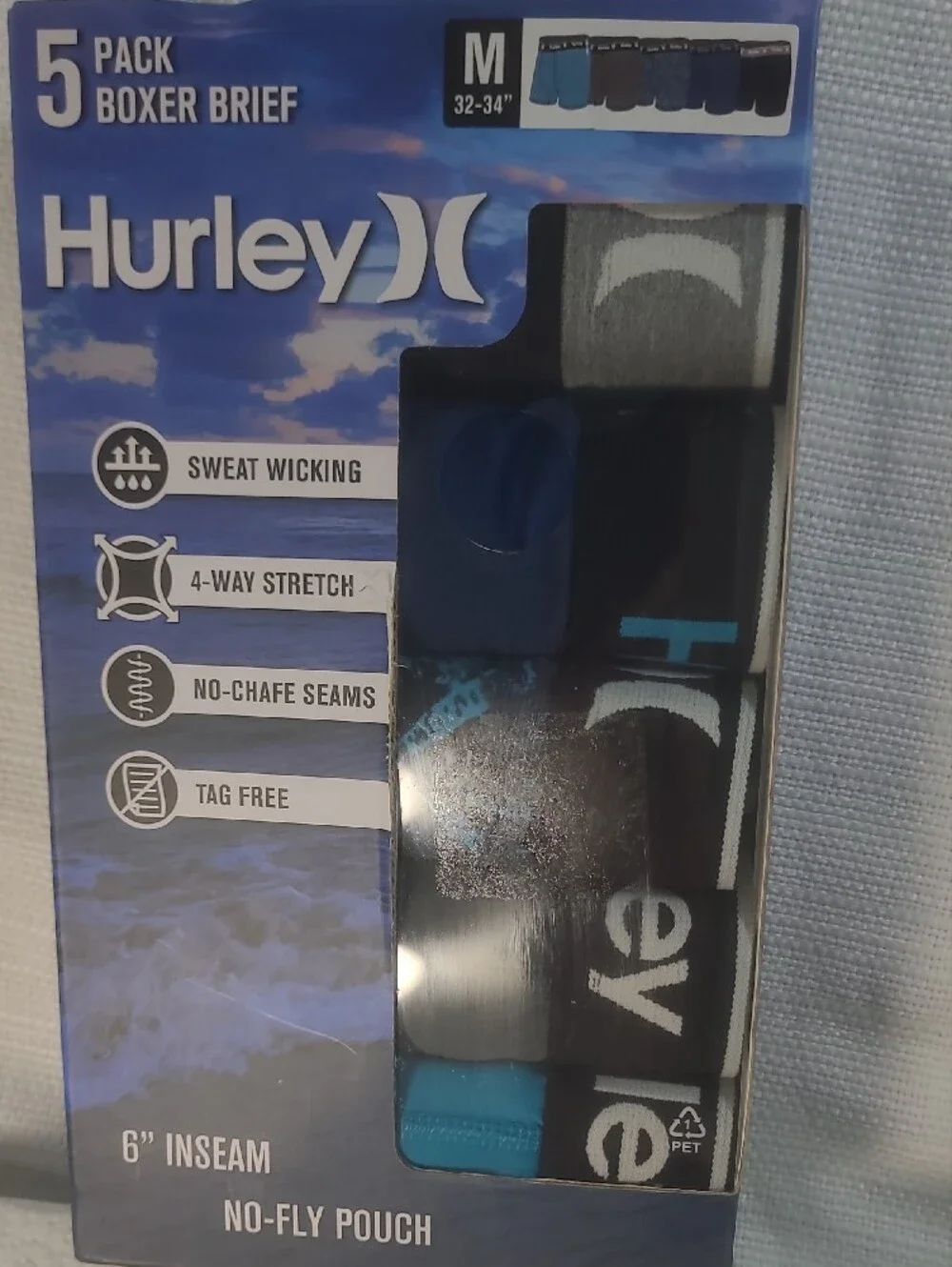 Hurley Men’s Boxer Brief 5-Pack - Black, Blue & Teal Accents Size Medium New